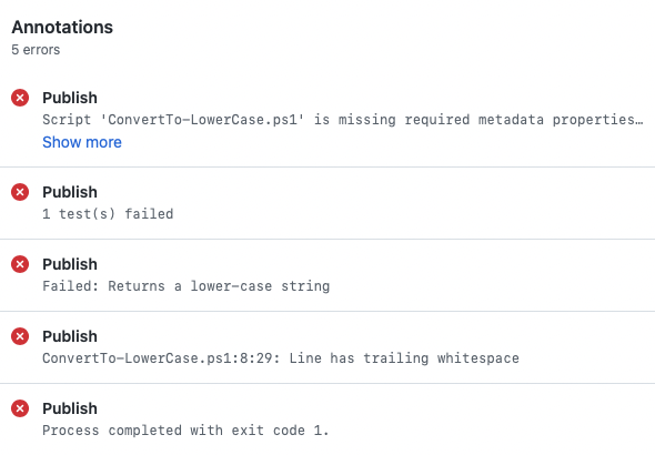Errors reported to the GitHub Actions runtime by the script