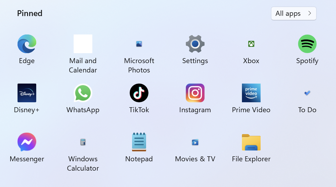 Pinned apps in the Windows 11 Start menu