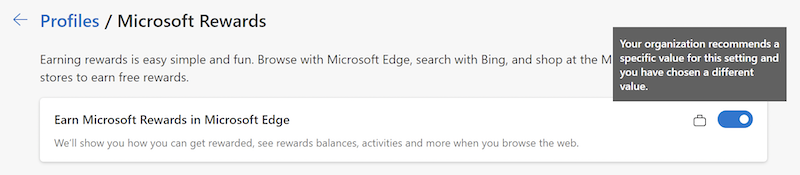 Recommended setting with warning in Microsoft Edge