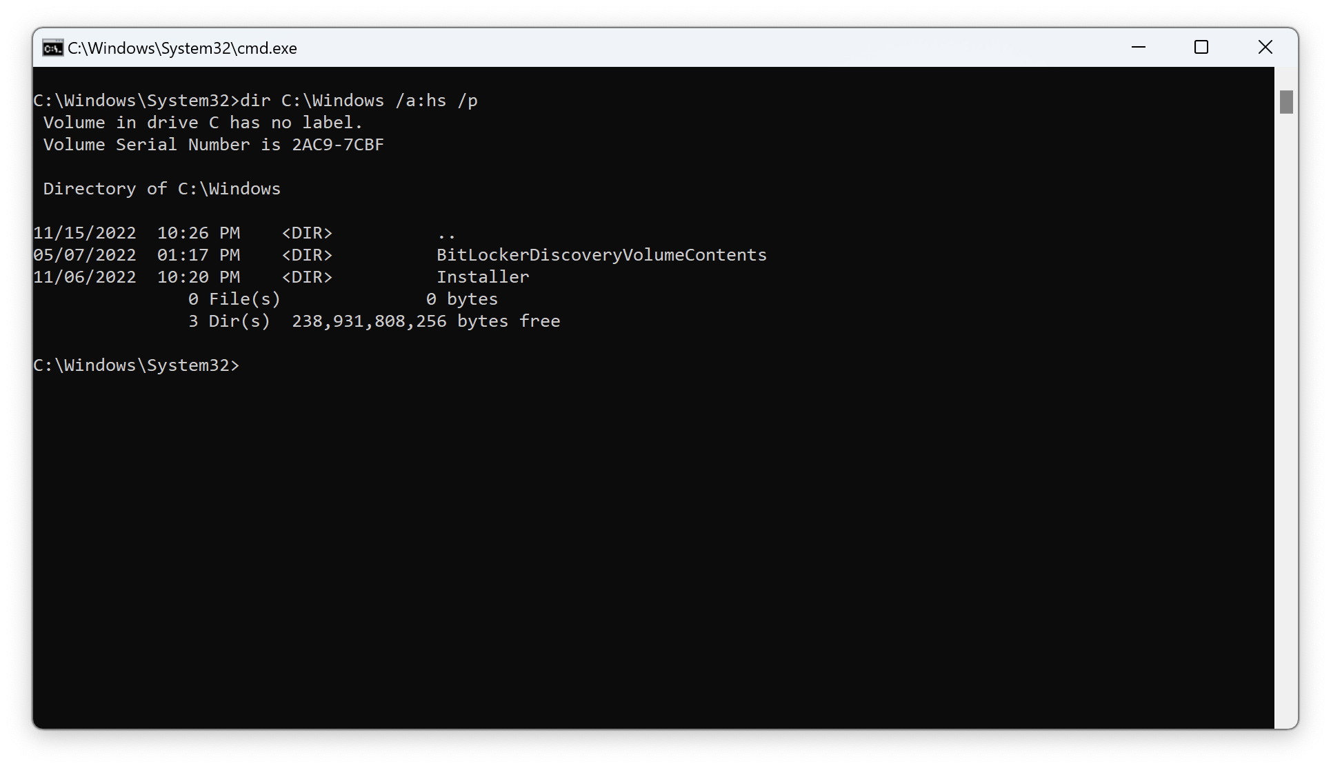 Command line for the `dir` command, followed by the command's output