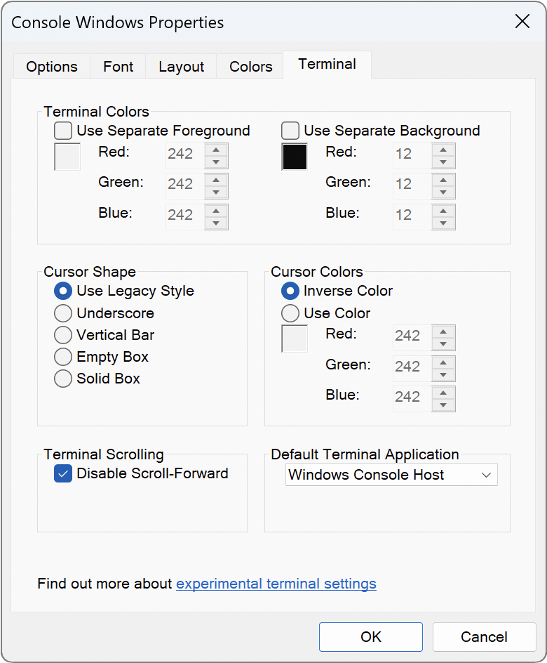 Additional color settings for Console Window Host