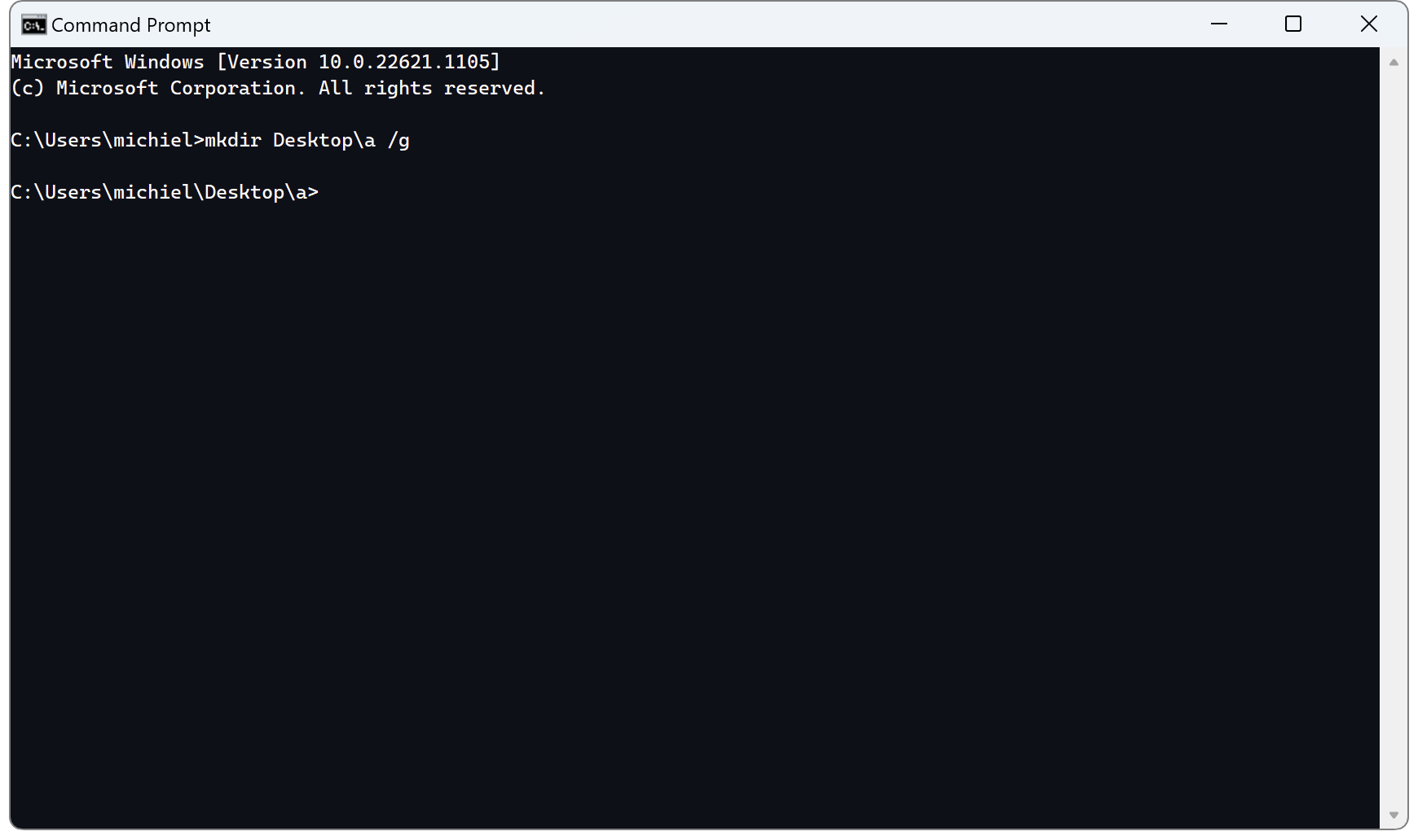 Using `mkdir /g` to create a new directory and navigate to it on Windows