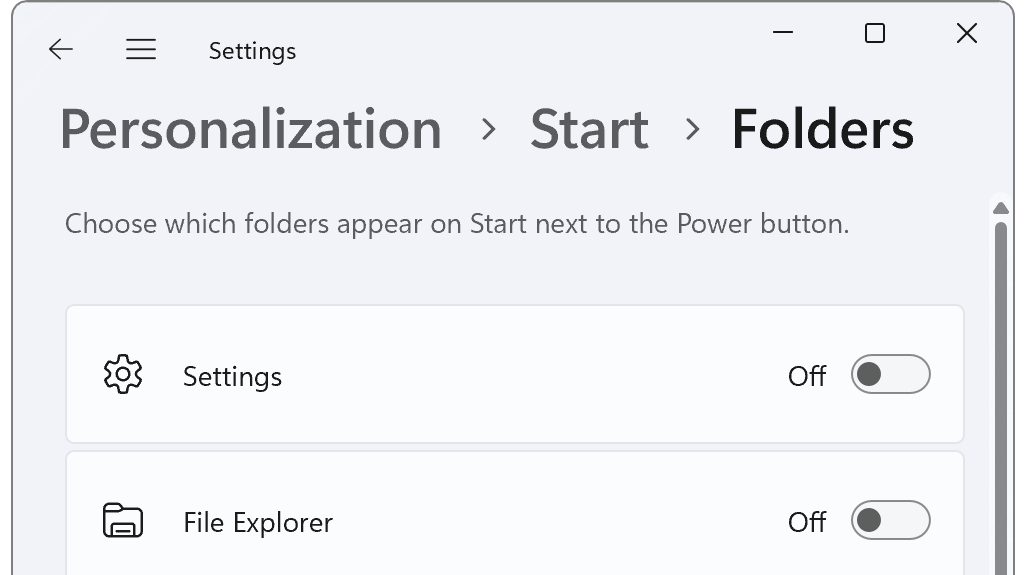 Start menu folders in Windows 11 Settings app