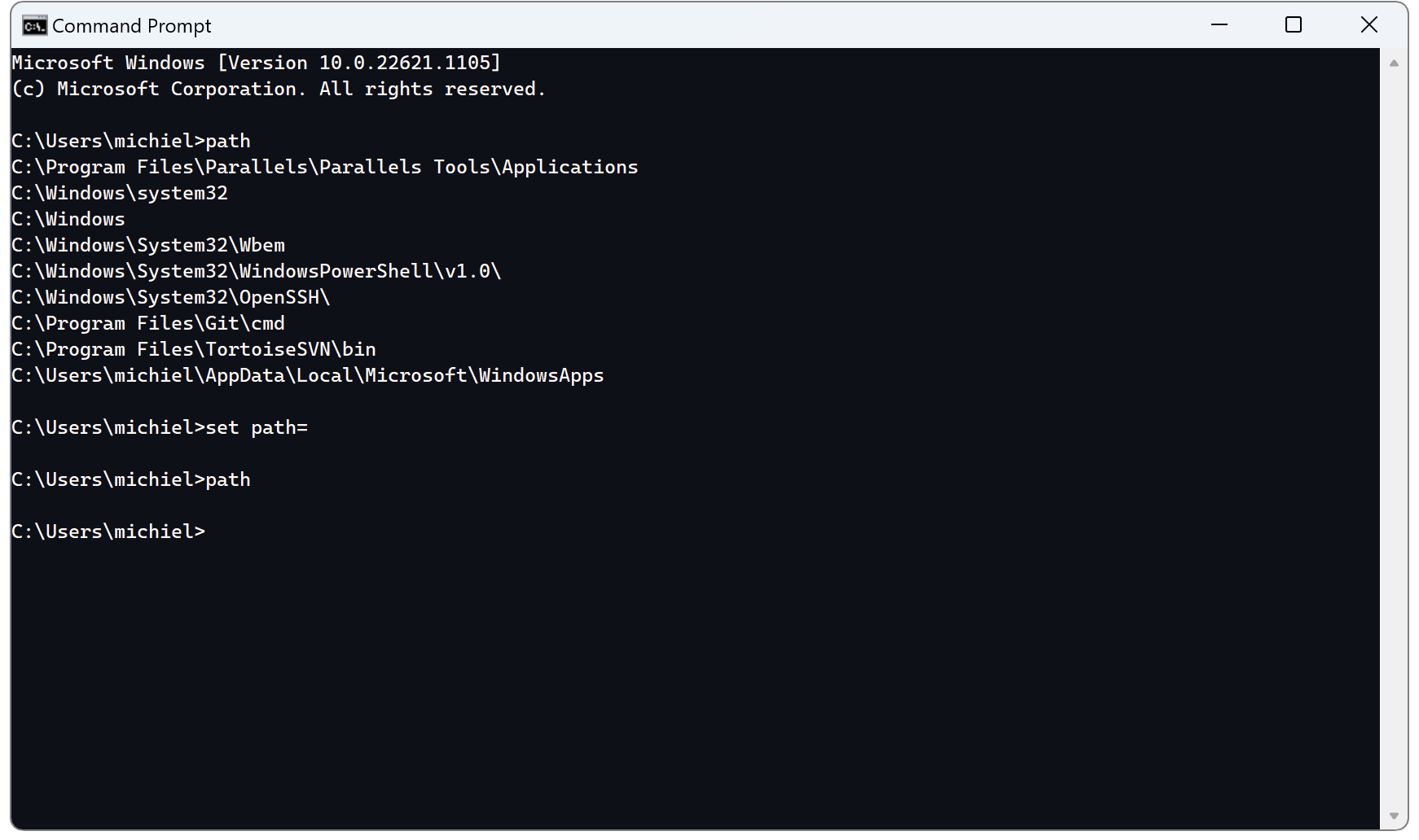 The output of the `path` command on Windows rendered with newlines