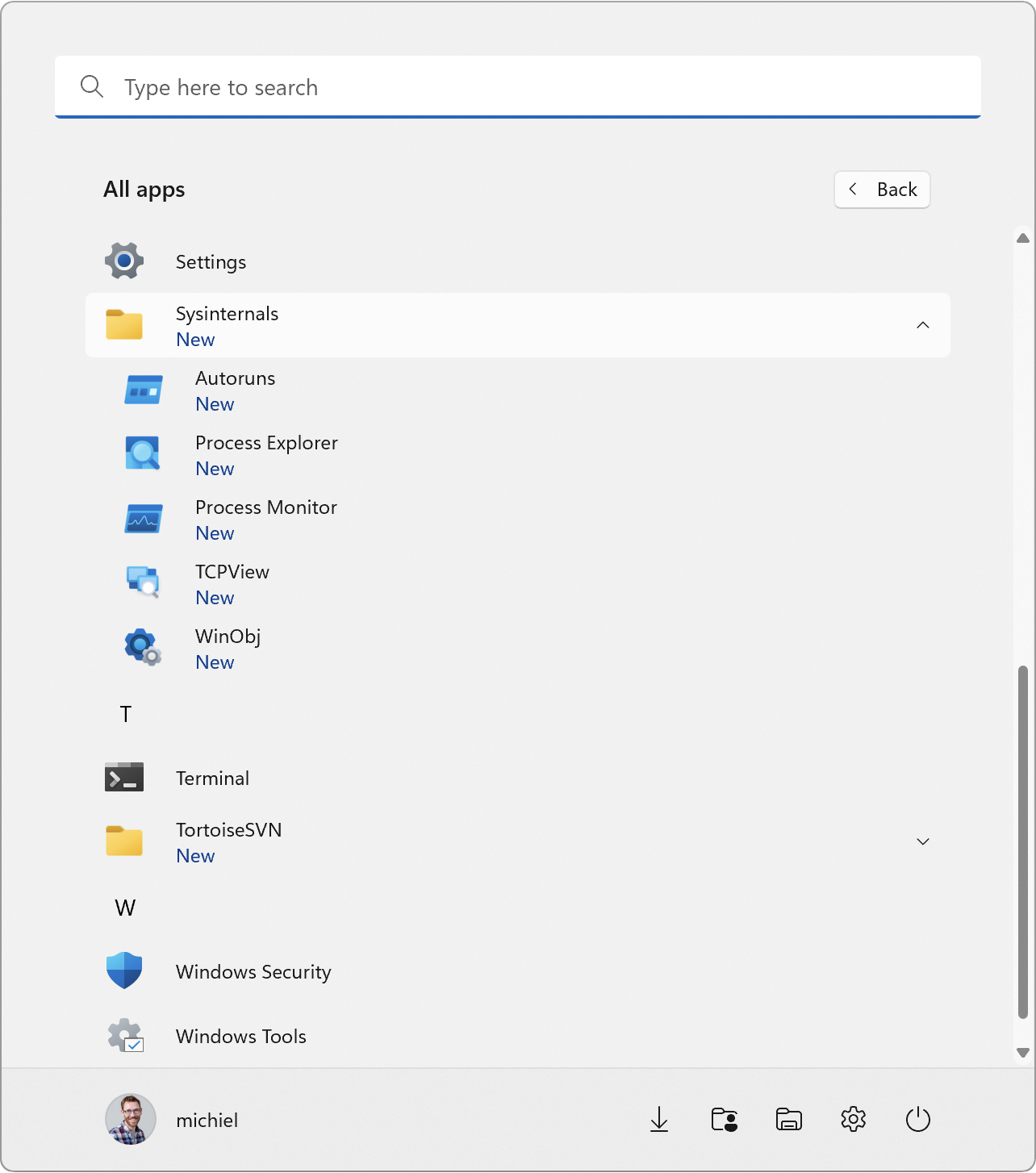 Sysinternals in the Windows 11 Start menu