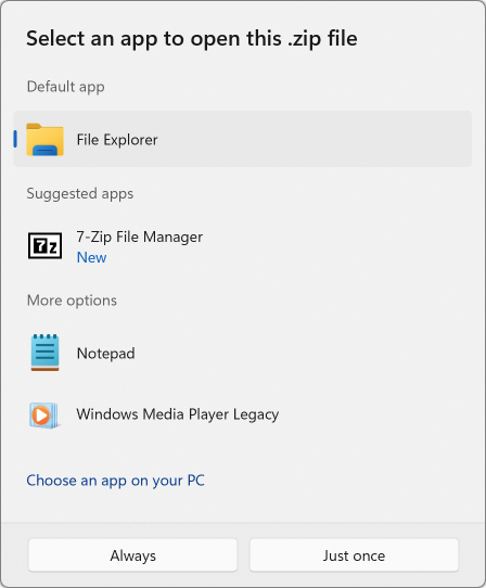 .zip file type association in Windows 11