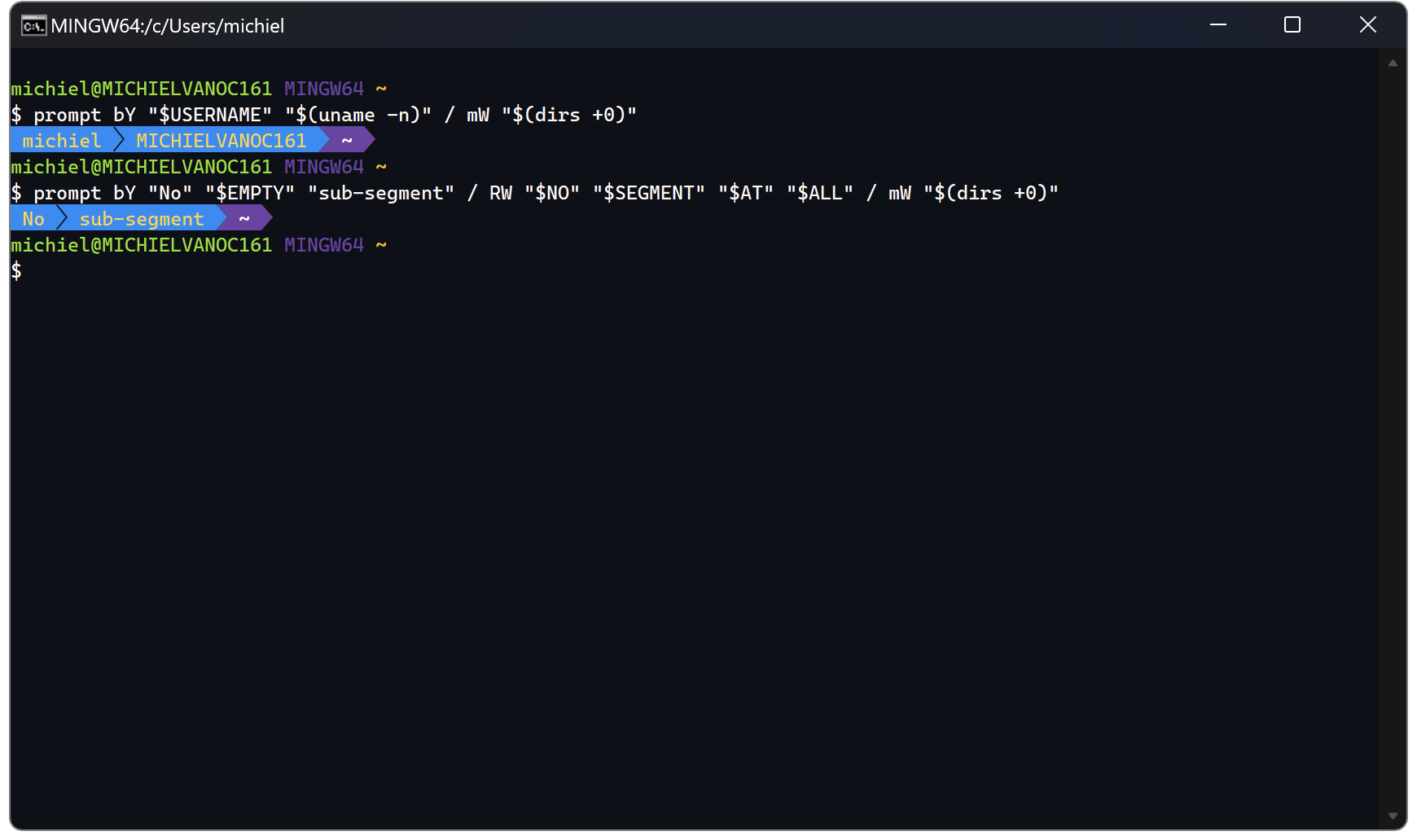 Prompt mockups in Git Bash created using the `prompt` function