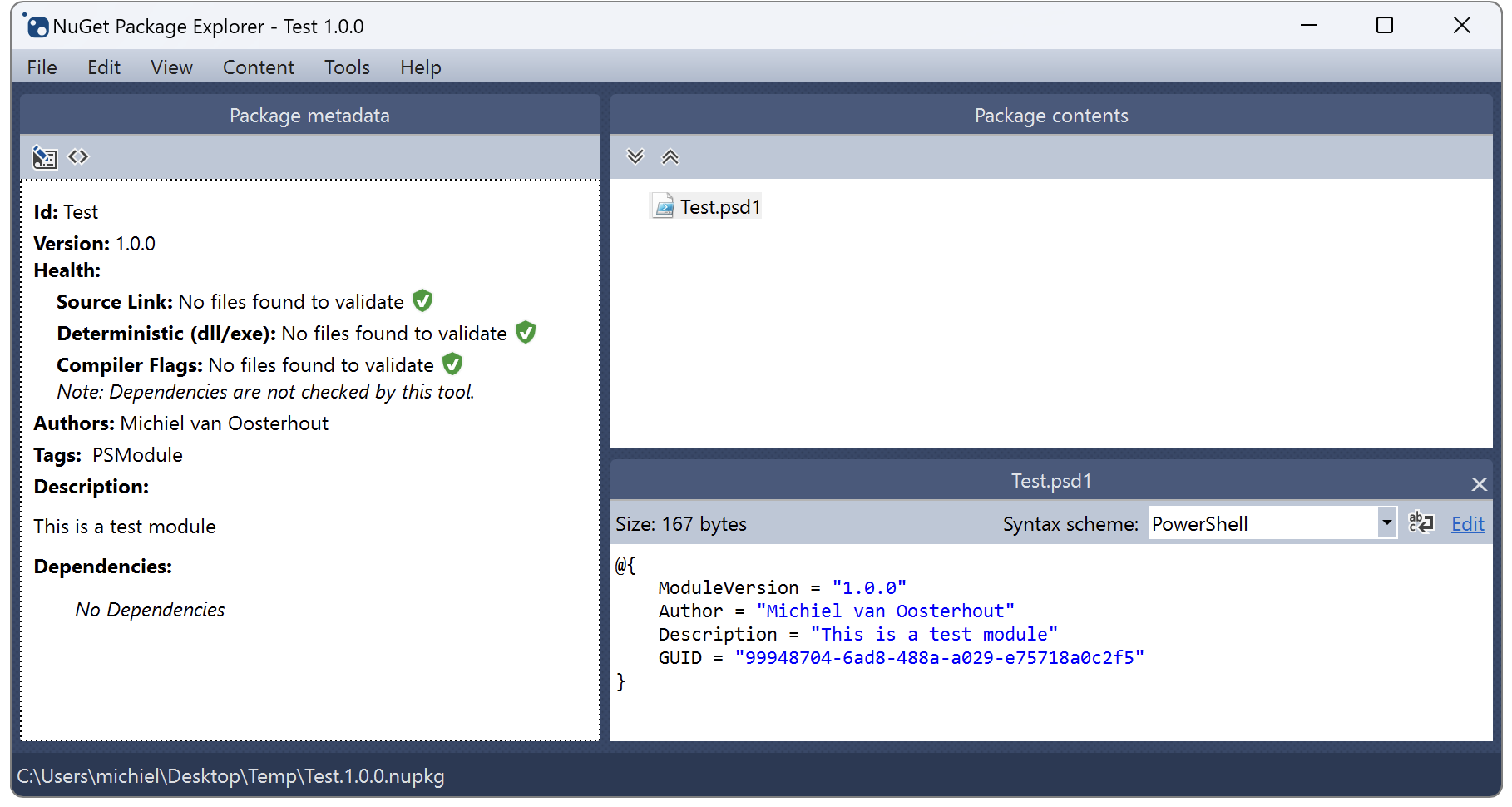 A PowerShell module opened in NuGet Package Explorer
